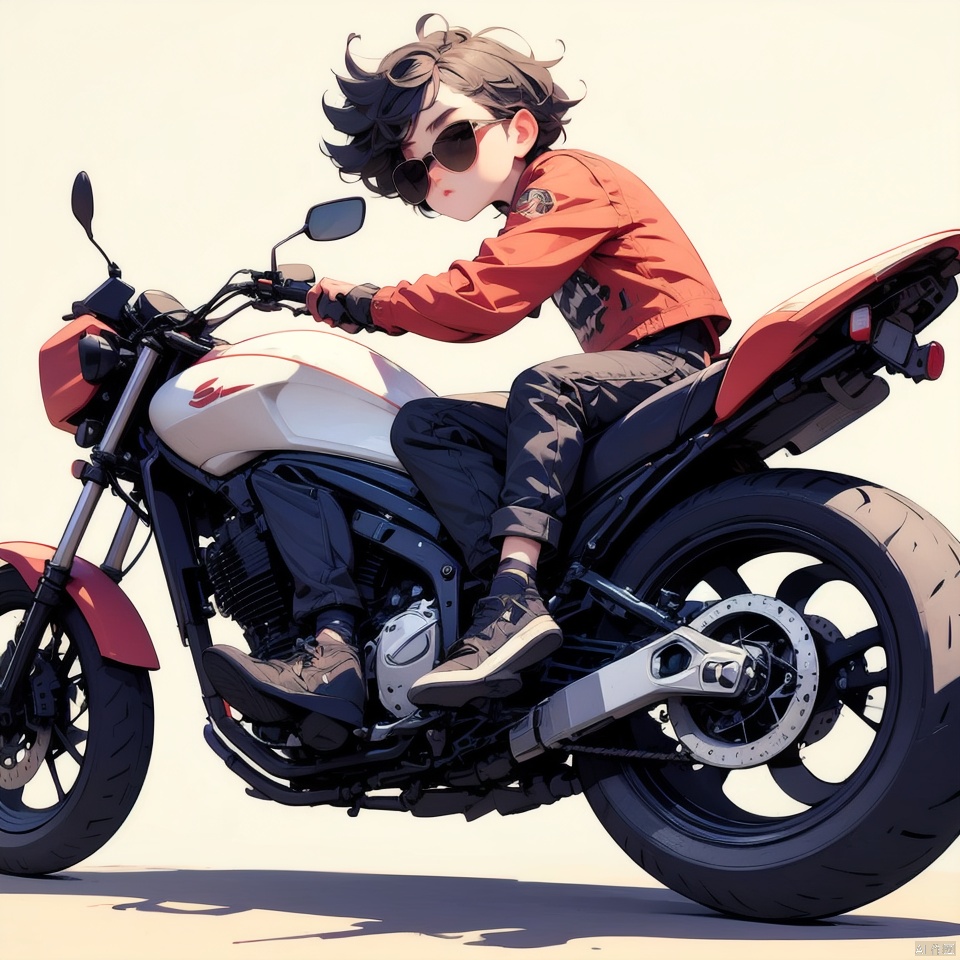 (Masterpiece), (Best quality), Q Edition, 2.5 head body, Man, solo, motorcyclist, messy hair, Sunglasses, Simple background,