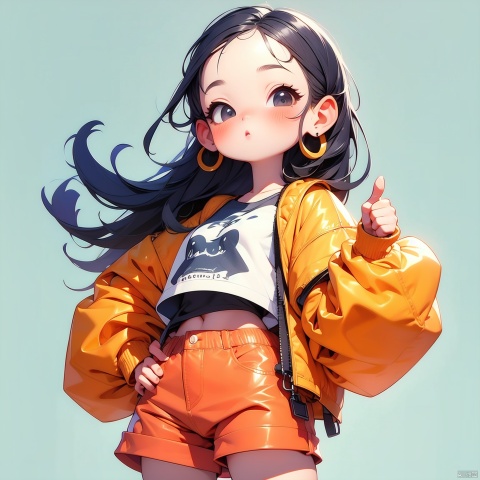 (Masterpiece), (best quality), Q Edition, 2.5 head body, Girl, thumbs up, solo, Colored hair, orange Clear Jacket, Denim Shorts, Simple background,