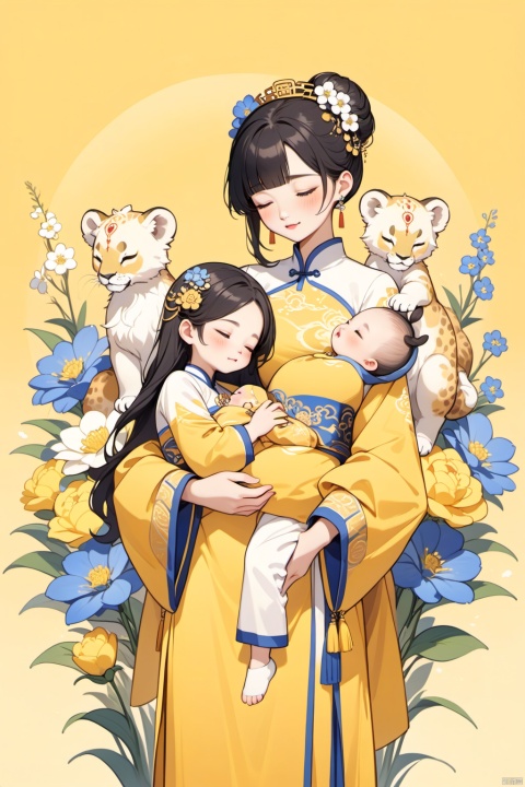 New Chinese, three people, mother holding baby, closed eyes, black hair, bun, flowers, animals, hair ornaments, standing, blush, long sleeves, yellow background, lion (animal), bun, blue flowers, bangs, white flowers, symmetrical composition, masterpiece, best quality, very aesthetic, absurd,