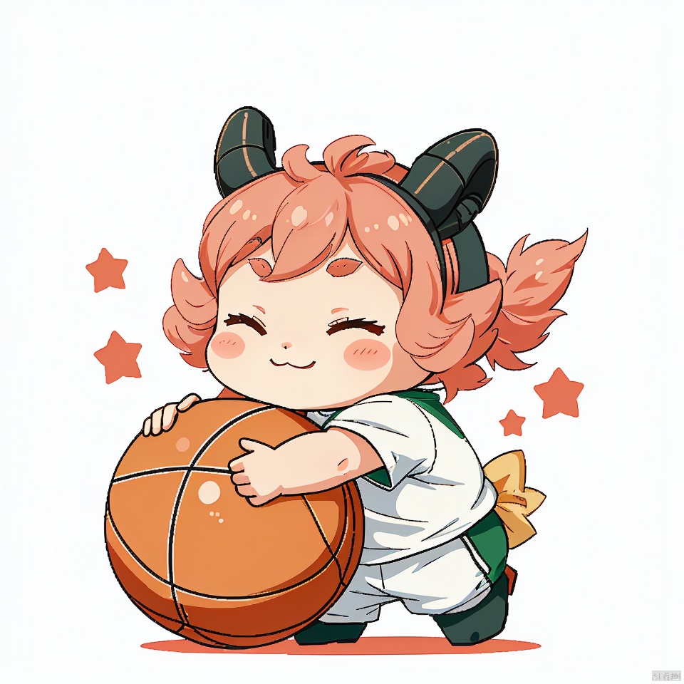 3, blush, eyes closed, whole body, gradient, gradient background, no one, cartoon sheep, sheep horns, holding a basketball, wearing basketball clothes, smile, solo, five-pointed star,