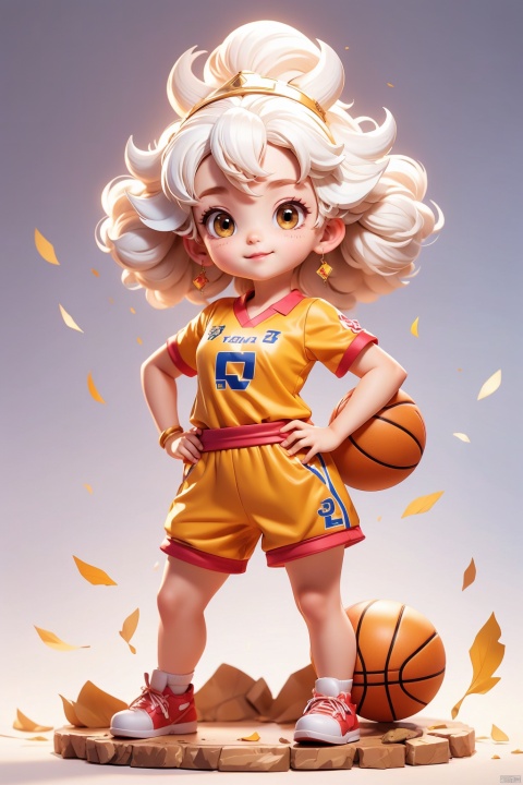 1 girl, (3 years :1.9), solo, (Q version :1.6), IP, determined expression, Mianyang horn, animal features, blush, basketball uniform, simple white background, white hair, afro, hands on hips