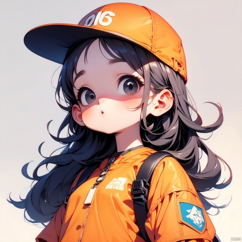 (Masterpiece), (best quality), Q Edition, 2.5 Head Body, Girl, Shoulder bag, solo, colored hair, orange Clear Jacket, baseball cap, Simple background,