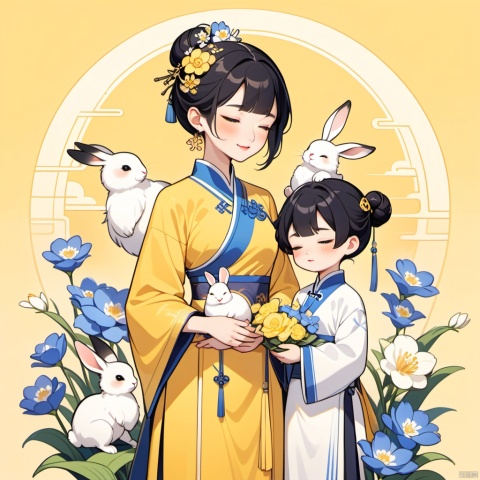 New Chinese, three girls, mother and son, closed eyes, black hair, bun, flower, rabbit, hair decoration, standing, blush, long sleeve, yellow background, crane (animal), bun, blue flowers, bangs, white flowers, symmetrical composition, masterpiece, best quality, very aesthetic, absurd,