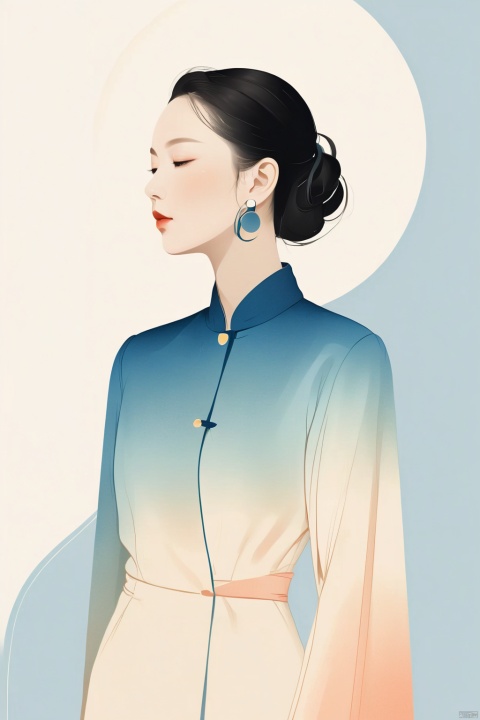 A beautiful woman with a simple MAO suit, illustration, minimalism, dreamlike picture, subtle gradient, calm harmony, elegant use of negative space, graphic design inspired illustration