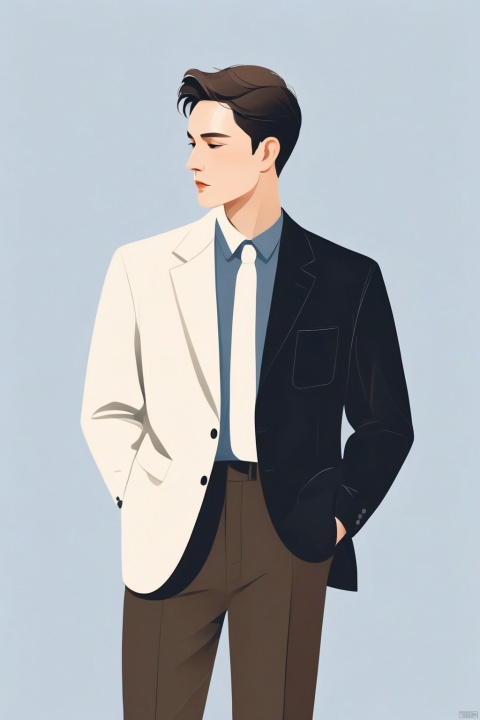  A handsome man with a simple workplace uniform, illustration, minimalism, dreamlike picture, subtle gradation, calm harmony, elegant use of negative space, graphic design inspired illustration