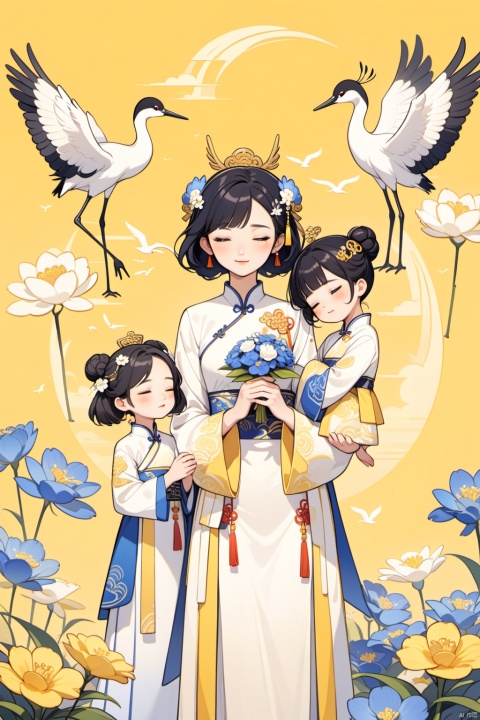 New Chinese, three women, mother and daughter, closed eyes, black hair, bun, flowers, birds, hair ornaments, standing, blush, long sleeves, yellow background, crane (animal), bun, blue flowers, bangs, white flowers, symmetrical composition, masterpiece, best quality, very aesthetic, absurd,