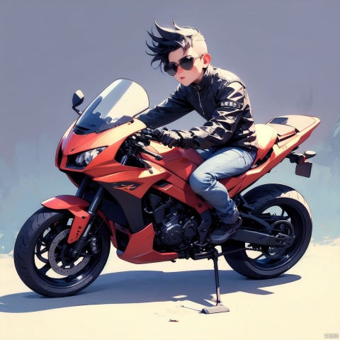 (Masterpiece), (Best quality), Q Edition, 2.5 Head body, Man, Solo, Mohawk, Motorcyclist, Sunglasses, Simple Background,