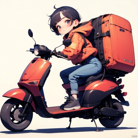  (Masterpiece), (best quality), Q Edition, 2.5 Head body, Girl, Scooter, solo, colored hair, orange Clear Jacket, Jeans, Simple background,