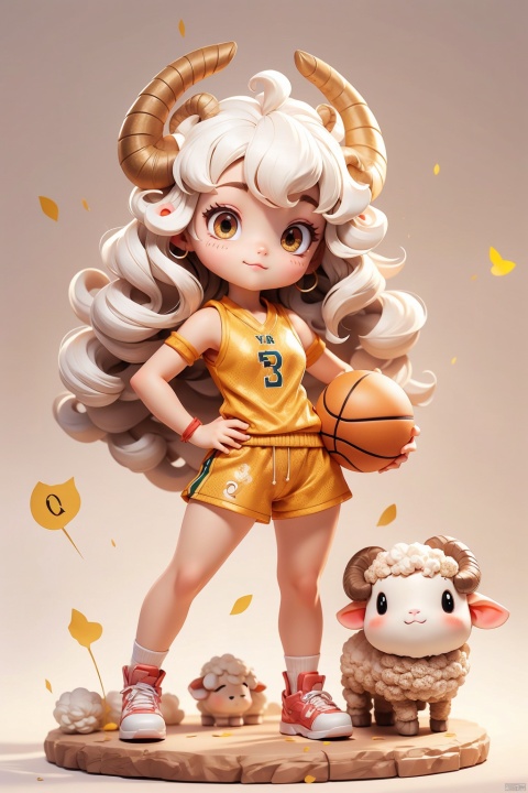 1 girl, (3 years :1.9), solo, (Q version :1.6), IP, determined expression, sheep horns, animal features, blush, basketball uniform, simple white background, white hair, (sheep small curly hair :1.0), hands on hips