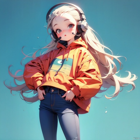 (Masterpiece), (best quality), Q Edition, 2.5 head body, Girl, headset, solo, Long hair, Orange coat, Jeans, Simple background,