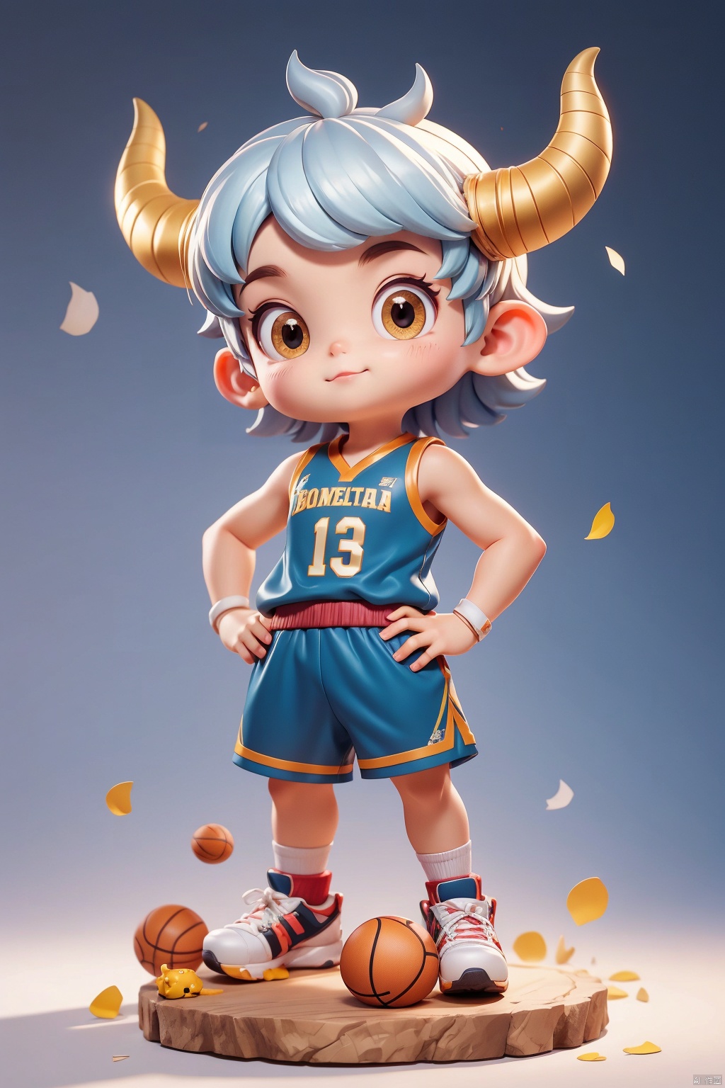 1 little boy, 3 years old, Animal IP, solo, (Q version :0.9), determined expression, horns, blush, basketball uniform, athlete figure, simple background, silver hair, American buzz cut, hands on hips