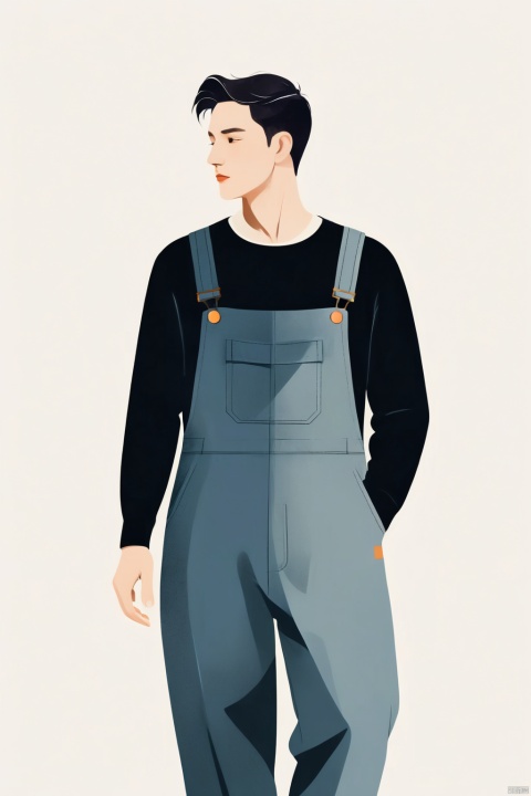 A handsome man with a simple overalls, illustration, minimalism, dreamlike picture, subtle gradation, calm harmony, elegant use of negative space, graphic design inspired illustration
