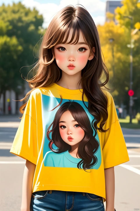 Girl, Q Edition, illustration, solo, Long hair, T-shirt, Brown hair, depth of field