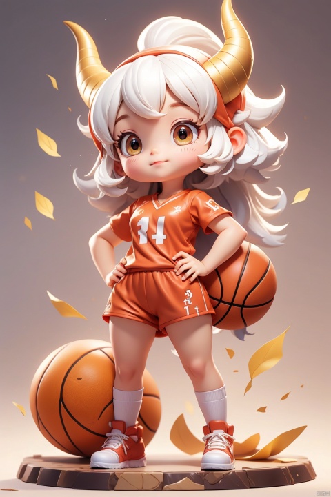 1 girl, (3 years :1.9), solo, (Q version :1.6), IP, determined expression, horns, animal features, blush, basketball uniform, simple white background, white hair, Bob, hands on hips
