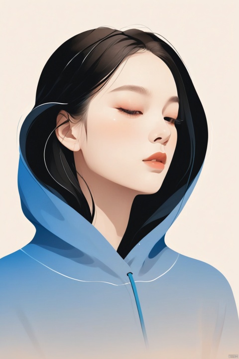 A beautiful woman with a simple hoodie, illustration, minimalism, dreamlike picture, subtle gradients, calm harmony, elegant use of negative space, graphic design inspired illustration