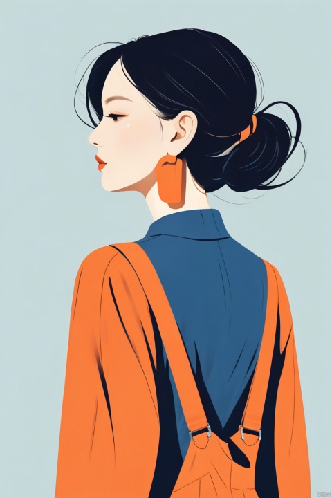  A beautiful woman with a simple overalls, illustration, minimalism, dreamlike picture, subtle gradients, calm harmony, elegant use of negative space, graphic design inspired illustration