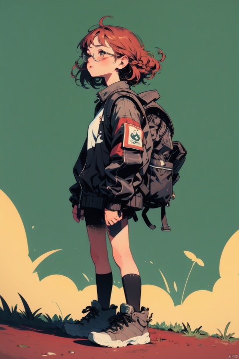 (Masterpiece), (best quality), Q Edition, 1 girl, Motorcyclist, Happy \(arknights\), solo, red hair, knee pads, brown hair, simple background, feathered hair, double braids, glasses, shoes, long sleeves, jacket, backpack