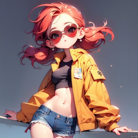 (Masterpiece), (best quality), Q Edition, 2.5 Head Body, Girl, Aviator Sunglasses, solo, colored hair, orange Clear Jacket, Denim Shorts, Simple background,