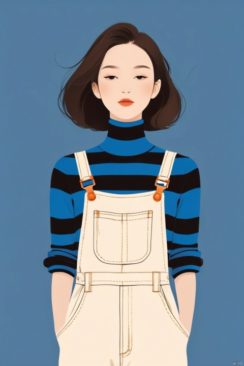  A beautiful woman with a simple overalls, illustration, minimalism, dreamlike picture, subtle gradients, calm harmony, elegant use of negative space, graphic design inspired illustration