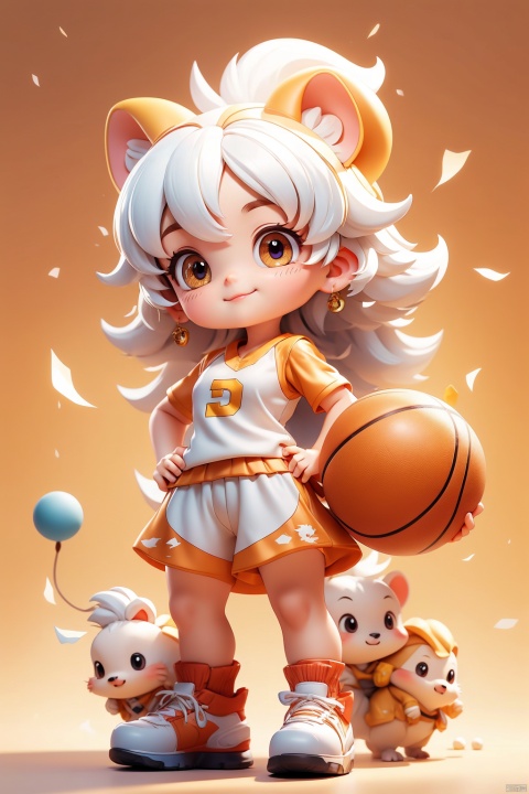 1 girl, (3 years :1.9), solo, (Q version :1.6), IP, determined expression, Mianyang horn, animal features, blush, basketball uniform, simple white background, white hair, hedgehog head, hands on hips