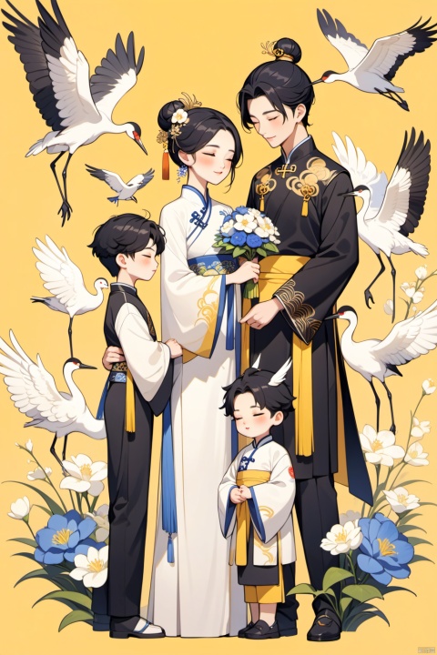 New Chinese, one female and two male, mother and son, closed eyes, black hair, bun, flower, bird, hair decoration, standing, blush, long sleeve, yellow background, crane (animal), bun, blue flowers, bangs, white flowers, symmetrical composition, masterpiece, best quality, very aesthetic, absurd,