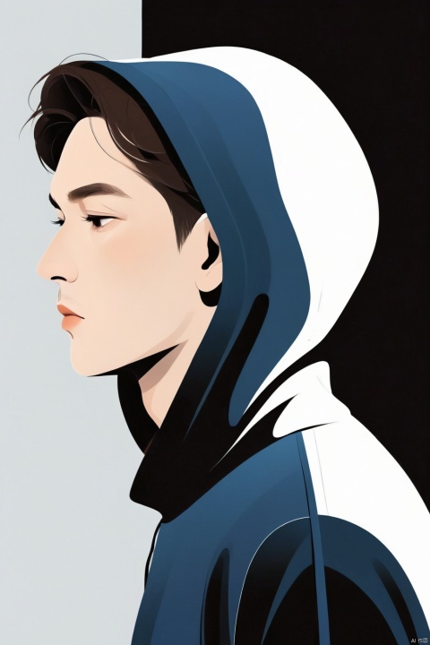  A handsome man with a simple hoodie, illustration, minimalism, dreamlike picture, subtle gradation, calm harmony, elegant use of negative space, graphic design inspired illustration
