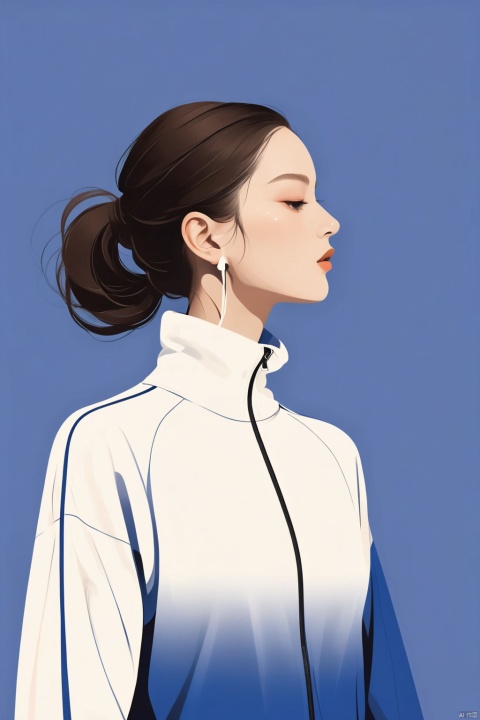  A beautiful woman with a simple tracksuit, illustration, minimalism, dreamlike picture, subtle gradients, calm harmony, elegant use of negative space, graphic design inspired illustration