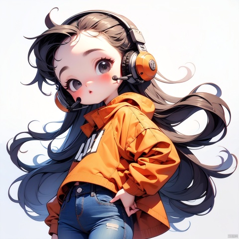  (Masterpiece), (best quality), Q Edition, 2.5 head body, Girl, headset, solo, Long hair, Orange coat, Jeans, Simple background,