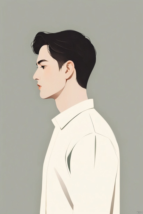 A handsome man with a simple white shirt, illustration, minimalism, dreamlike picture, subtle gradation, calm harmony, elegant use of negative space, graphic design inspired illustration