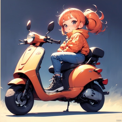  (Masterpiece), (best quality), Q Edition, 2.5 Head body, Girl, Scooter, solo, colored hair, orange Clear Jacket, Jeans, Simple background,