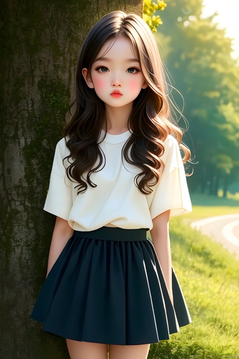  Girls, Q Edition, illustration, solo, Long hair, skirt, Brown hair, depth of field