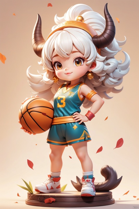 1 girl, (3 years :1.9), solo, (Q version :1.6), IP, determined expression, Mianyang horn, animal features, blush, basketball uniform, simple white background, white hair, short afro, hands on hips