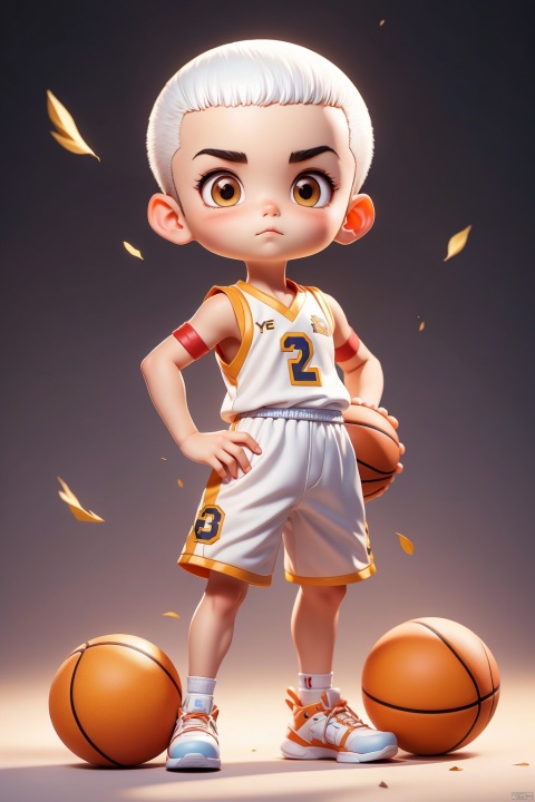 1 Little boy, (3 years :1.9), (Buzz cut :1.3), solo, (Q version :1.6), IP, serious, blush, basketball uniform, simple white background, white hair, hands on hips