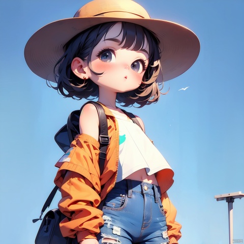 (Masterpiece), (best quality), Q Edition, 2.5 Head Body, Girl, Shoulder bag, solo, Colored hair, orange Clear Jacket, Cowboy hat, Simple Background,