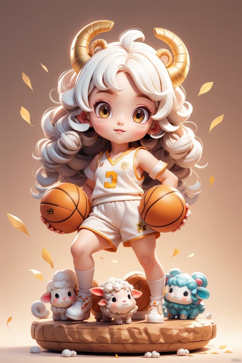 1 girl, (3 years :1.9), solo, (Q version :1.6), IP, determined expression, sheep horns, animal features, white hair, little sheep curls, blush, basketball uniform, simple white background, hands on hips