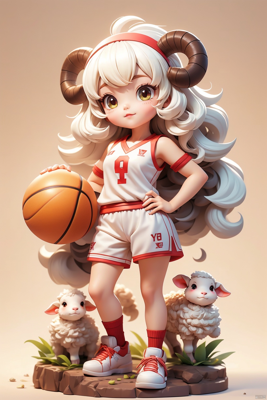 1 girl, solo, white hair, sheep hair, (3 years :1.9), (Q version :1.6), IP, determined expression, sheep horns, animal features, basketball uniform, blush, simple white background, hands on hips