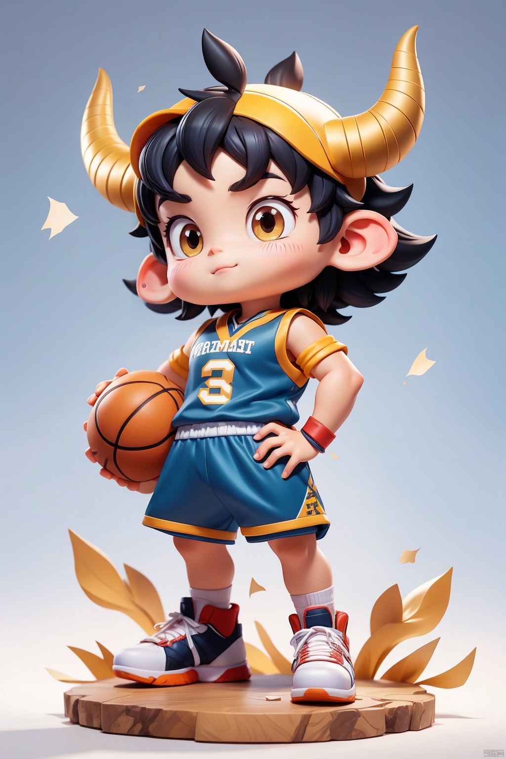 1 male, animal IP, solo, (Q version :1.2), determined expression, focused gaze, horns, blush, basketball uniform, athlete body, simple white background,