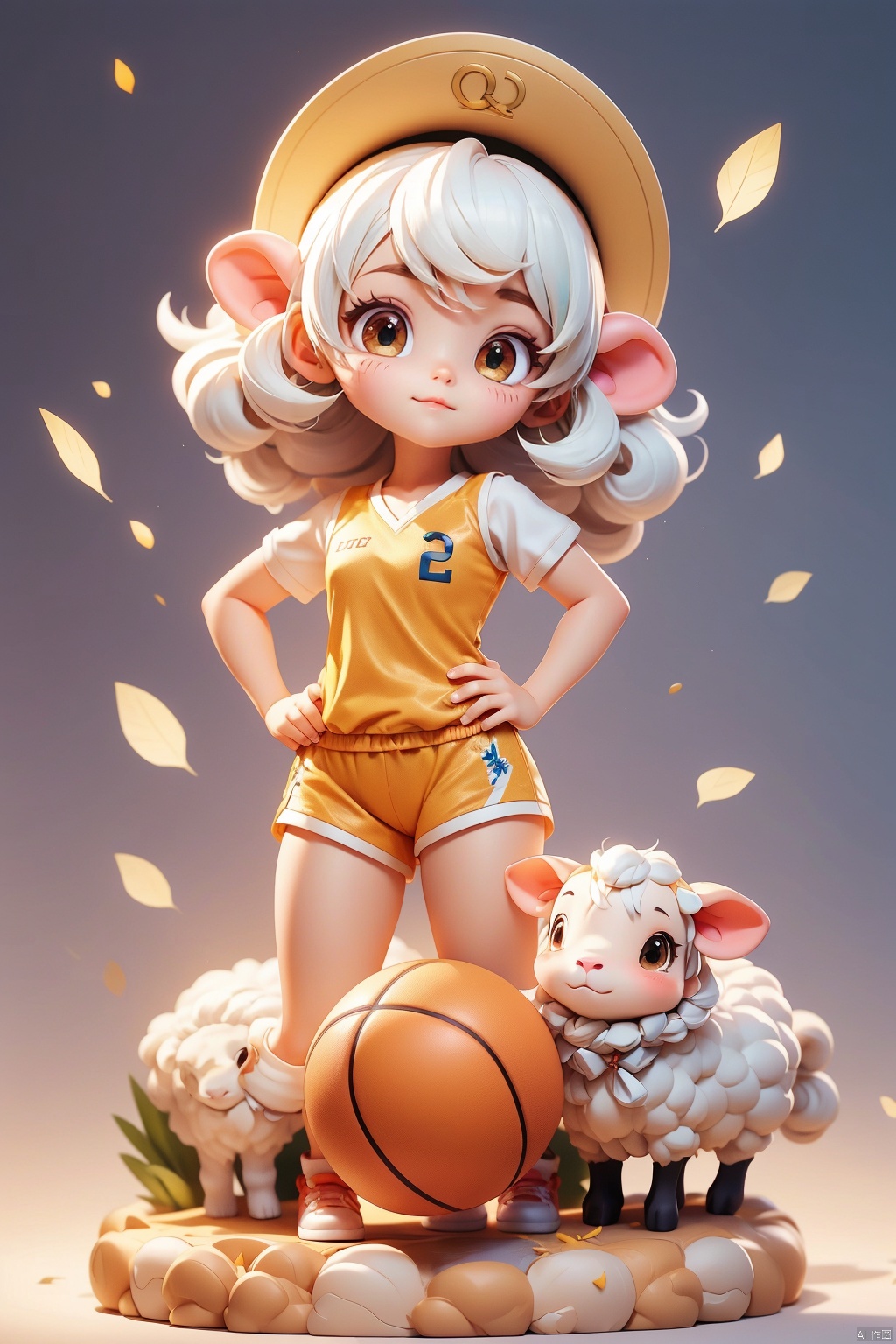 1 girl, (3 years :1.9), solo, (Q version :1.6), IP, determined expression, sheep horns, animal features, basketball uniform, blush, white hair, (sheep curls :0.8), simple white background, hands on hips