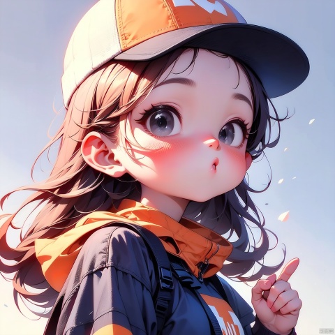 (Masterpiece), (best quality), Q Edition, 2.5 Head Body, Girl, Shoulder bag, solo, colored hair, orange Clear Jacket, baseball cap, Simple background,