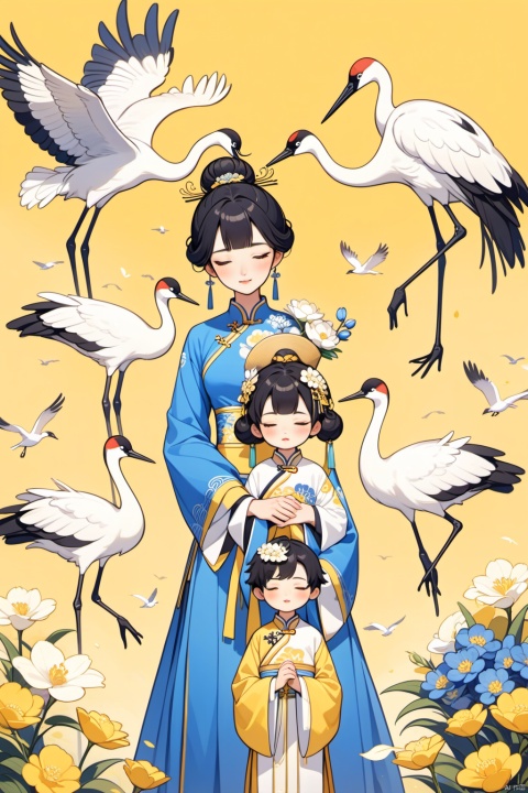 New Chinese, three women, mother and son, closed eyes, black hair, bun, flowers, birds, hair ornaments, standing, blush, long sleeves, yellow background, crane (animal), bun, blue flowers, bangs, white flowers, symmetrical composition, masterpiece, best quality, very aesthetic, absurd,