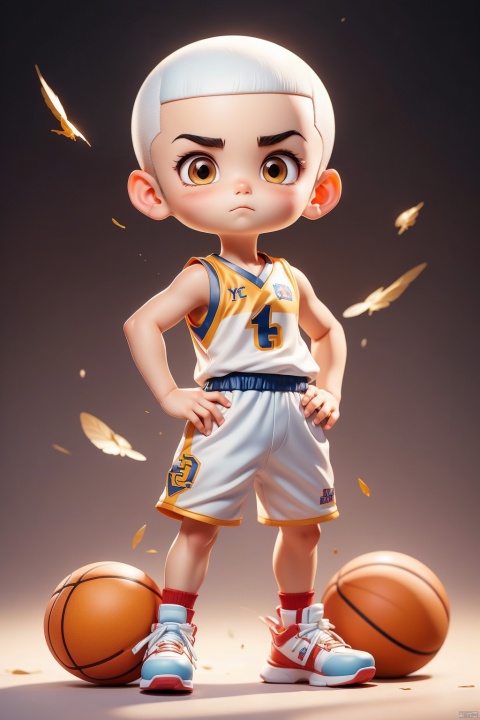 1 Little boy, (3 years :1.9), (Buzz cut :1.4), solo, (Q version :1.6), IP, hands on hips, determined expression, blush, basketball uniform, simple white background, white hair,
