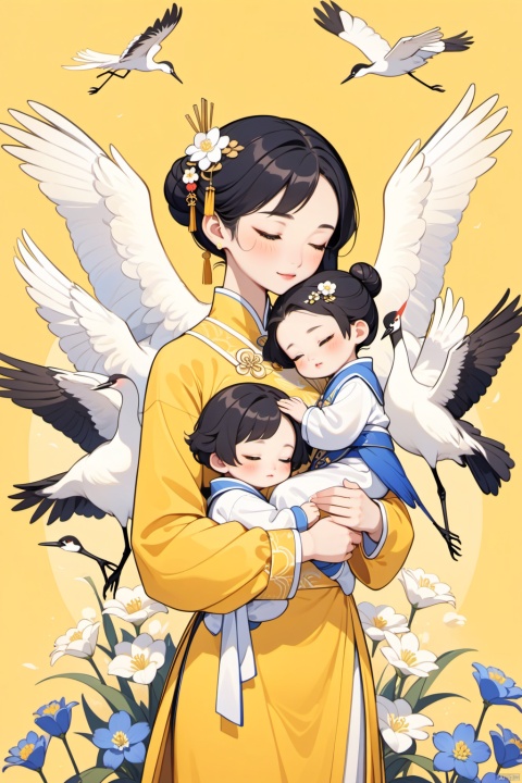 New Chinese, three, mother and child, closed eyes, black hair, bun, flower, bird, hair ornament, standing, blush, long sleeve, yellow background, crane (animal), bun, blue flower, bangs, white flower, symmetrical composition, masterpiece, best quality, very aesthetic, absurd,
