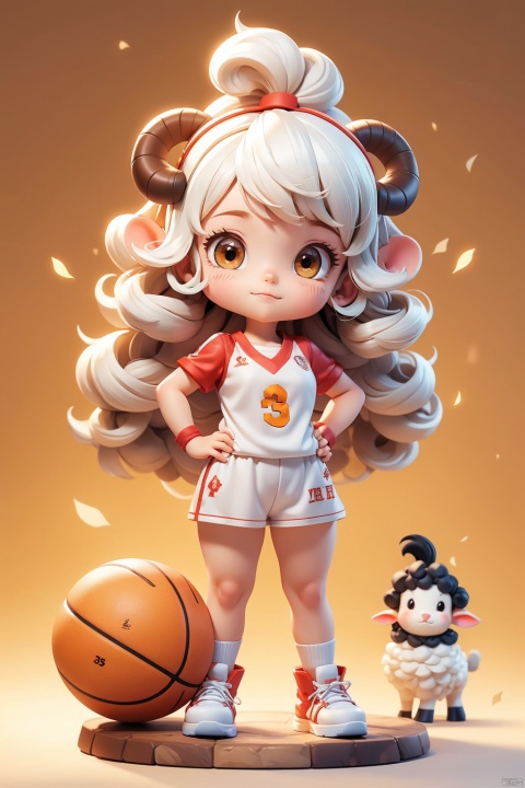 1 girl, (3 years :1.9), solo, (Q version :1.6), IP, determined expression, sheep horns, animal features, white hair, little sheep curls, blush, basketball uniform, simple white background, hands on hips