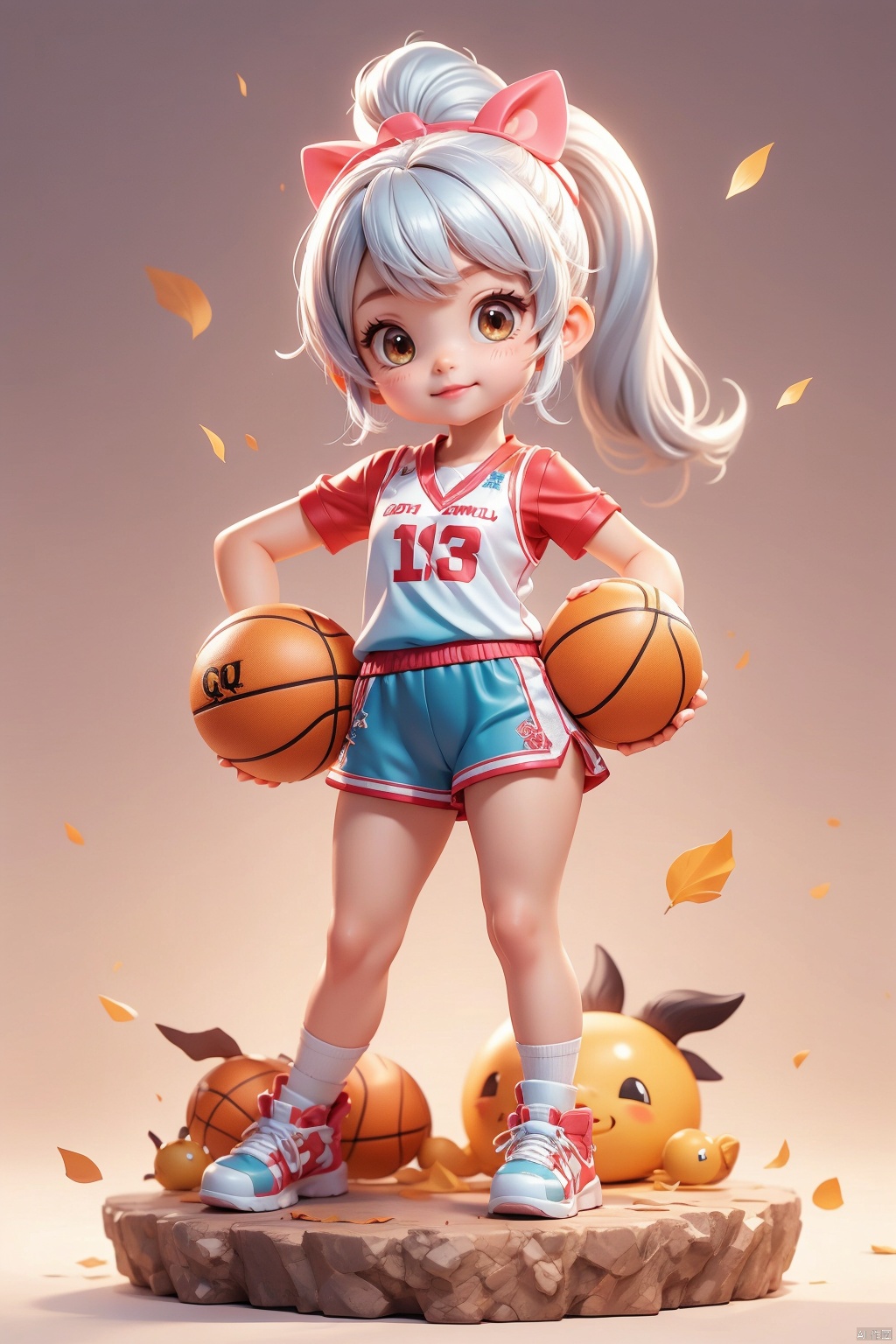 1 girl, 3 years old, solo, (Q version :1.6), IP, determined expression, horns, animal features, blush, basketball uniform, simple white background, silver hair, side ponytail, hands on hips