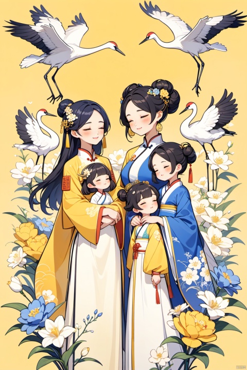 New Chinese, three women, mother and daughter three, closed eyes, black hair, bun, flowers, birds, hair ornaments, standing, blush, long sleeves, yellow background, crane (animal), bun, blue flowers, bangs, white flowers, symmetrical composition, masterpiece, best quality, very aesthetic, absurd,