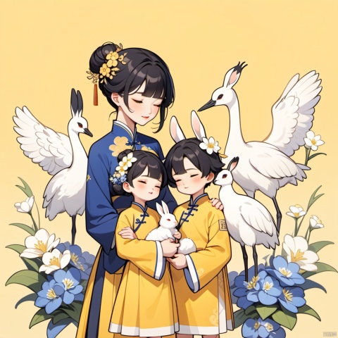 New Chinese, three girls, mother and son, closed eyes, black hair, bun, flower, rabbit, hair decoration, standing, blush, long sleeve, yellow background, crane (animal), bun, blue flowers, bangs, white flowers, symmetrical composition, masterpiece, best quality, very aesthetic, absurd,