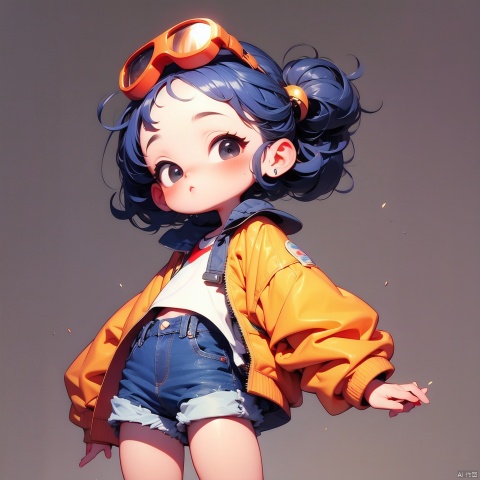 (Masterpiece), (best quality), Q Edition, 2.5 head body, Girl, Goggles, solo, colored hair, orange Clear Jacket, Denim Shorts, Simple background,
