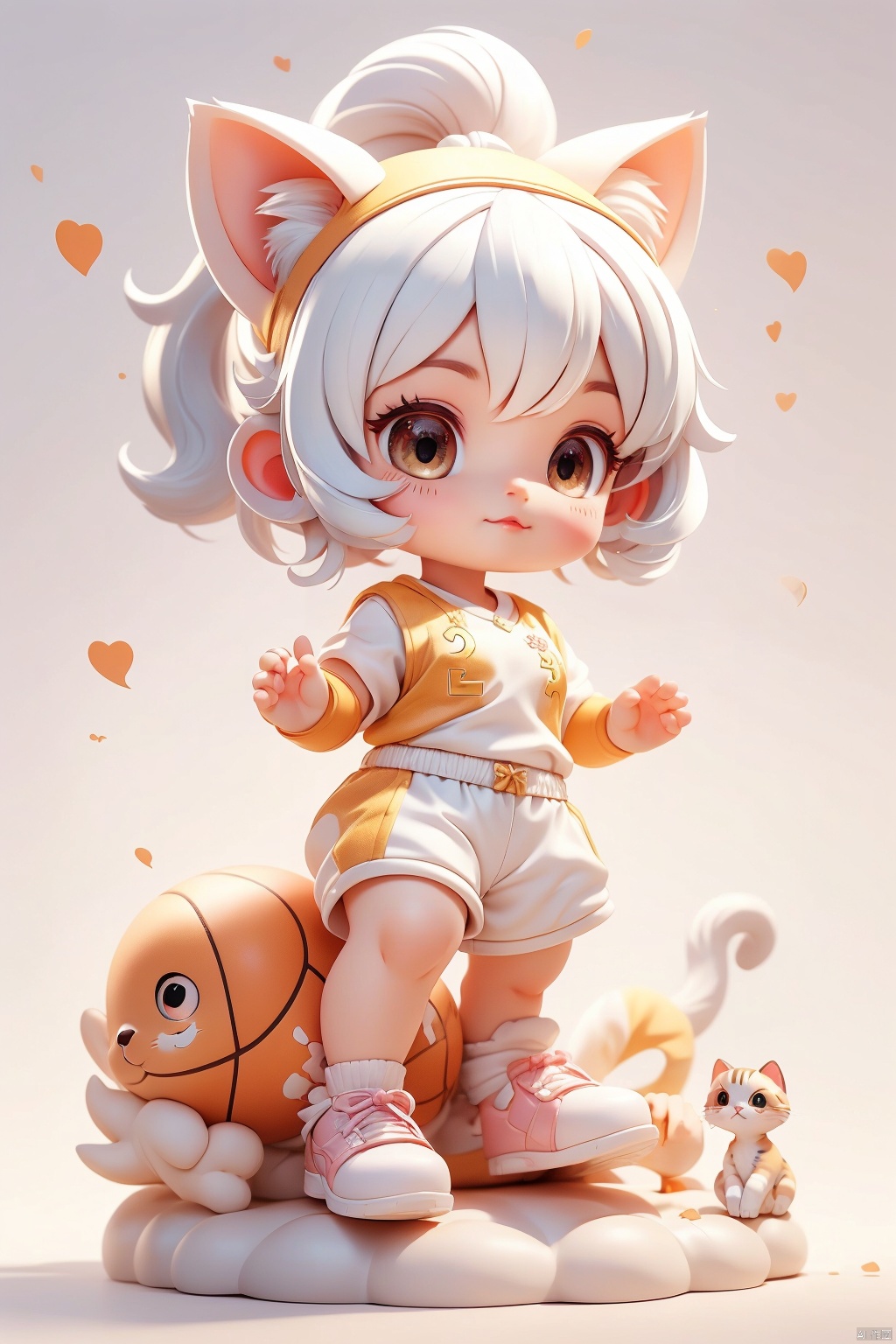 1 Little girl, (3 years :1.9), solo, (Q version :1.6), IP, determined expression, kitten ears, animal features, blush, basketball uniform, simple white background, white hair, short hair, short ponytail, cat paw gesture