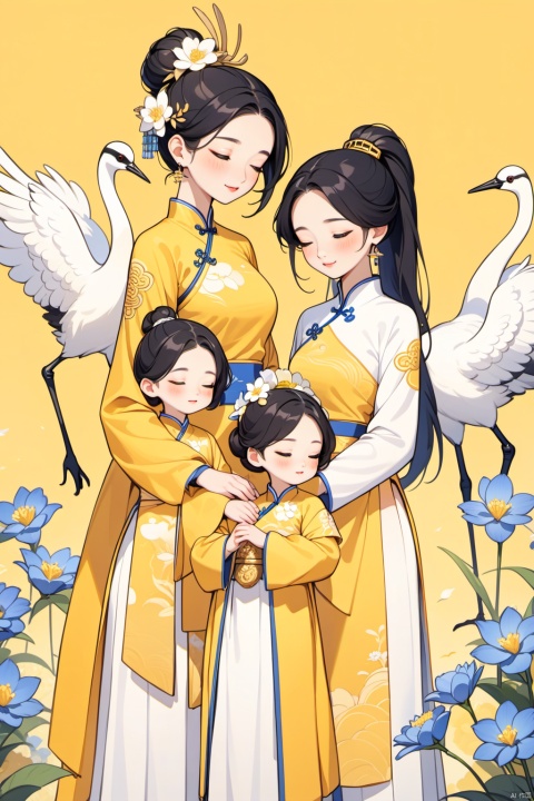 New Chinese, three women, mother and daughter, closed eyes, black hair, bun, flower, bird, hair decoration, standing, blush, long sleeve, yellow background, crane (animal), bun, blue flower, high ponytail, white flower, symmetrical composition, masterpiece, best quality, very aesthetic, absurd,