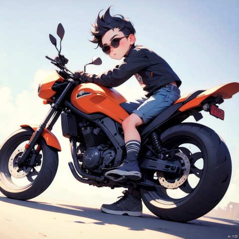 (Masterpiece), (Best quality), Q Edition, 2.5 Head body, Man, Solo, Mohawk, Motorcyclist, Sunglasses, Simple Background,